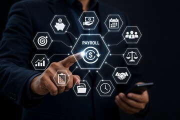 Obraz premium Businessman interacting with a payroll management digital interface with icons on dark