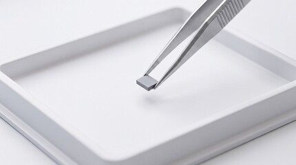 Naklejka premium Precision Tweezers Holding a Small Semiconductor Die in Cleanroom