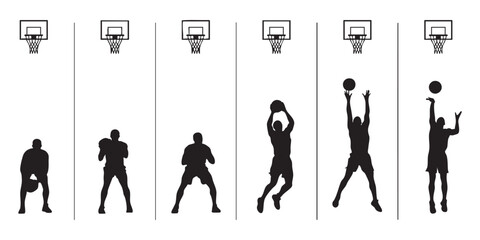 Basketball player shooting sequence silhouette set isolated on transparent background vector illustration. © Nuruzzaman