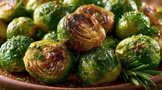 Roasted brussels sprouts with herbs on serving platter