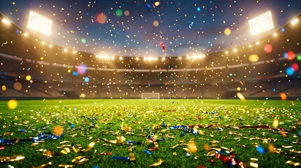 Obraz premium Festive celebration on a professional football pitch with falling confetti at night stadium world cup 2026