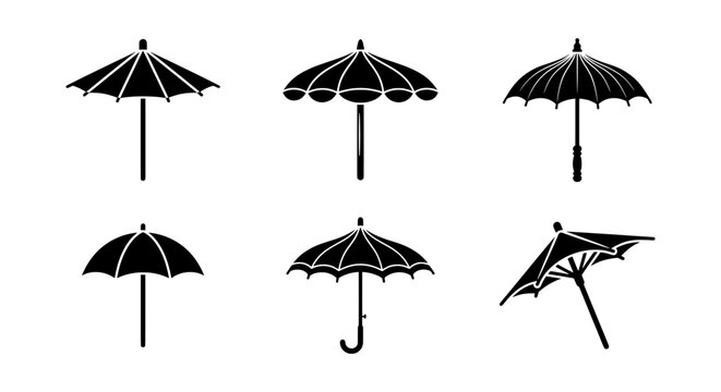 Umbrella Icons Set, Black Silhouette Parasol Collection, Vector Rain Protection Symbols