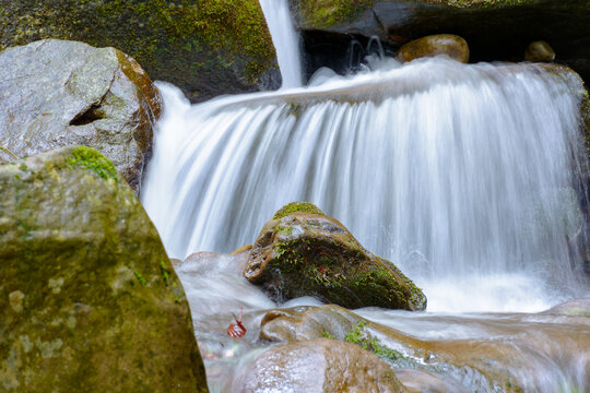 small waterfall closeup. beautiful cascade on the water stream with mossy rock
