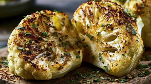Roasted cauliflower with herbs on wooden board
