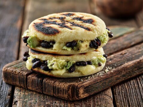 Grilled arepas stuffed with avocado on rustic board