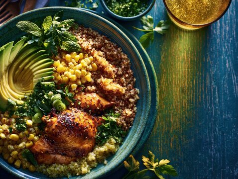 Quinoa bowl with grilled salmon avocado and corn