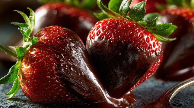 Chocolate covered strawberries macro on dark background