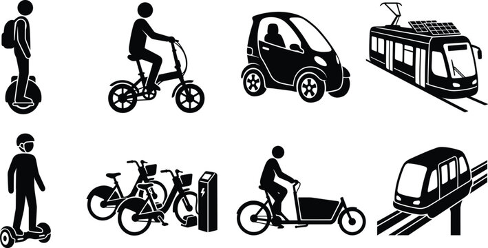 Sustainable Urban Transportation Silhouette Icon Set Featuring Electric Mobility and Public Transit Vehicles