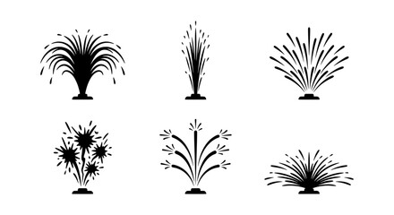 Six Black Silhouette Fireworks Icons, Festive Celebration Pyrotechnic Displays, Vector Set © Mahir