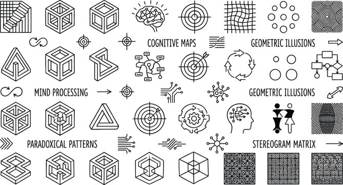 Optical Illusions and Cognitive Science Vector Icon Set Featuring Paradoxical Geometric Patterns Mind Processing Brain Diagrams and Stereogram Matrix Elements