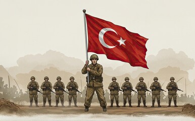 Obraz premium Soldiers Rallying Behind the National Flag: A soldier stands proudly, holding the national flag aloft, with a line of uniformed soldiers behind him, ready for duty in a historical setting.