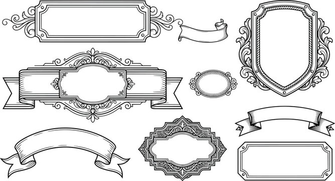 Set of vintage decorative frames, banners, and labels with ornate flourishes and shield designs for invitations and certificates transparent background
