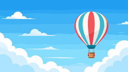 Obraz premium Single hot air balloon drifting in blue sky with clouds, balloon, hotair, sky, clouds, blue, travel, floating, adventure, summer,