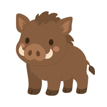Cute brown wild boar with curved tusks, rosy cheeks, and simple woodland vector details.