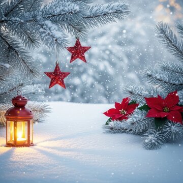 Christmas decoration with red stars and lantern