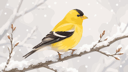Naklejka premium Yellow bird perched on snowy branch, bird, yellow, branch, winter, feathers, wildlife, animal, perched, snow, nature, beak,