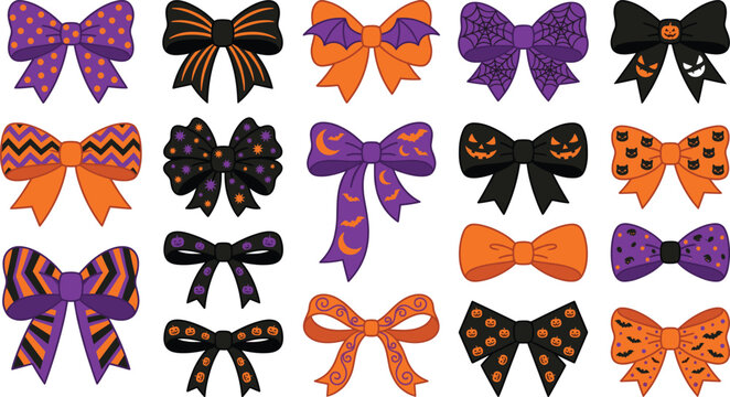 Halloween ribbon bows pattern set spooky hair bow accessory icons collection with pumpkin bat spider web and chevron details purple orange and black vector