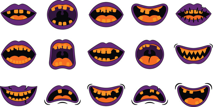 Spooky halloween zombie mouth creator set scary rotted teeth stitched lips and monster smiles pumpkin face carving expressions collection vector illustration