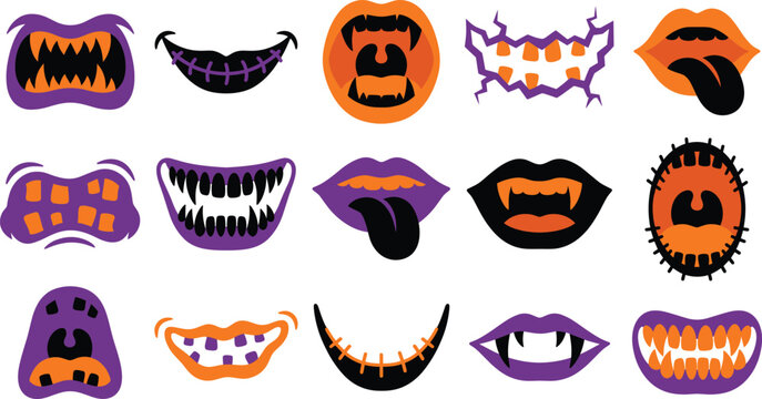 Spooky halloween monster mouth creator set scary vampire fangs zombie teeth stitched lips and monster smiles collection purple and orange vector illustration