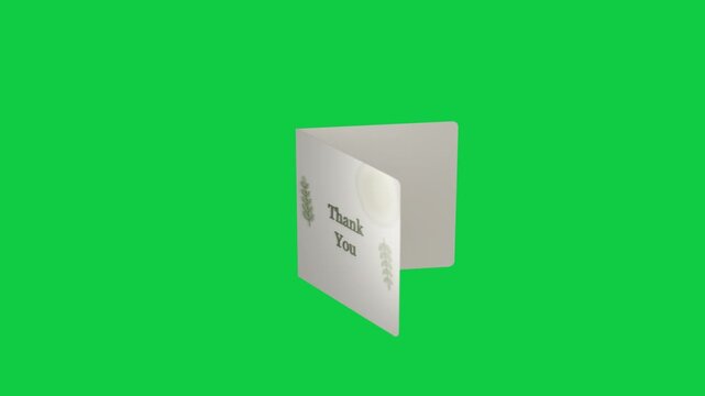 On play thank-you card rotating and opening, revealing blank interior for mockup on transparent BG