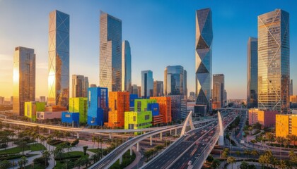 Fototapeta premium Modern urban skyline with colorful buildings and skyscrapers at sunset