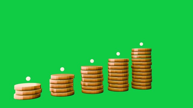 Finance icon showing coins growing right bar sliding in forming arrow showing trend transparent BG