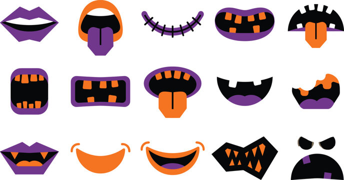 Spooky halloween monster mouth and face creator set scary vampire fangs pumpkin carving expressions zombie teeth and stitched smile elements vector illustration