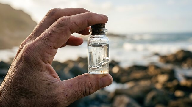 Person holding a small vial of ocean water on a rocky beach