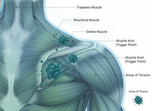 Anatomical Illustration of Shoulder Muscles Highlighting Trigger Points and Areas of Tension