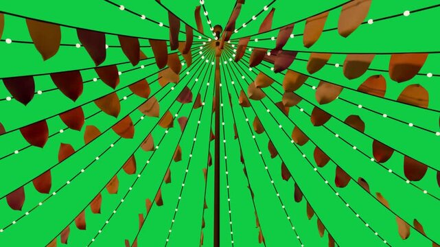 View shift causing canopy rotating right, flags fanning outward revealing edges, transparent bg