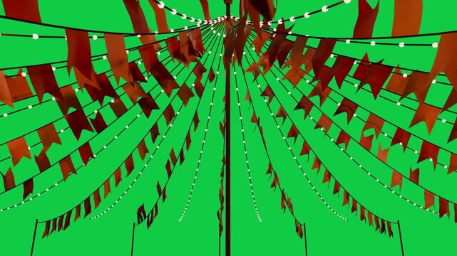 Camera pulling back, pole revealing swaying flags and radiating bulbs on transparent background