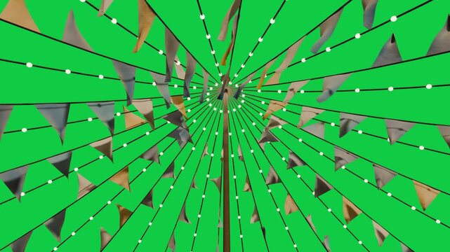 Radial bunting with bulb strings rippling from hub after gust, transparent background