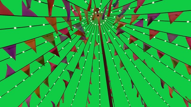 Opening top view, hub spreading lit spokes and fluttering flags, showing canopy on clear background
