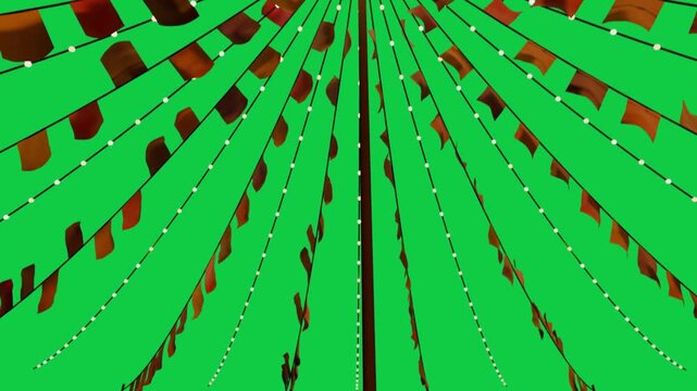 Camera rising up mast on transparent backdrop showing radial bulbs and flags spiraling evoking fair