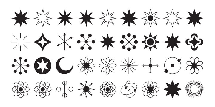 Mid century modern starburst and science icon set with retro futuristic atomic geometric symbols.