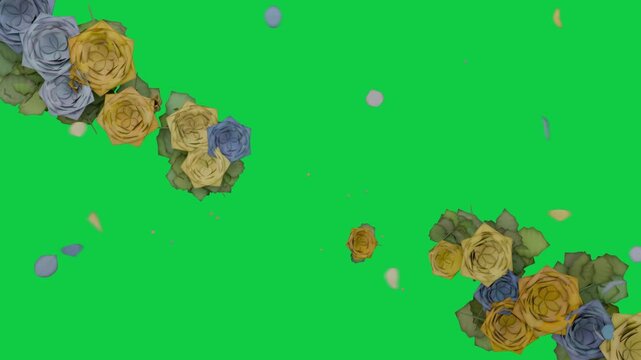 Floral clusters expanding, petals shedding, drifting, rotating toward top-right on alpha for calm