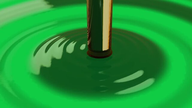 Transparent frames starting cylinder dropping into oil, camera lowering ripples showing orange glow