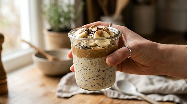 Healthy overnight oats with banana and chia seeds in a glass jar