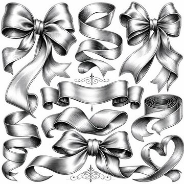 Collection of elegant ribbon bows and decorative banners engraving sketch illustration isolated on white background