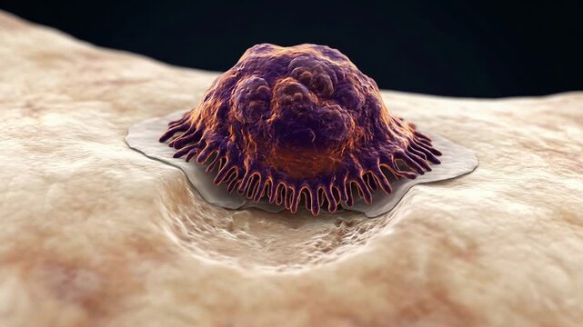 Osteoclast cell resorbing bone and forming a pit in the surface