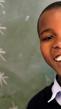Vertical video: Laughing boy centering at chalkboard after camera cue, in white shirt, dark sweater