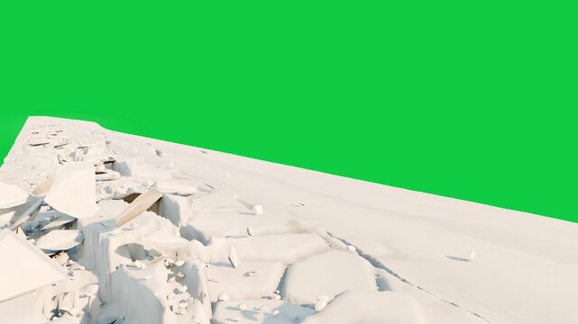 Crack forming causing slab breaking, dust rising, cam panning, transparent bg, showing collapse