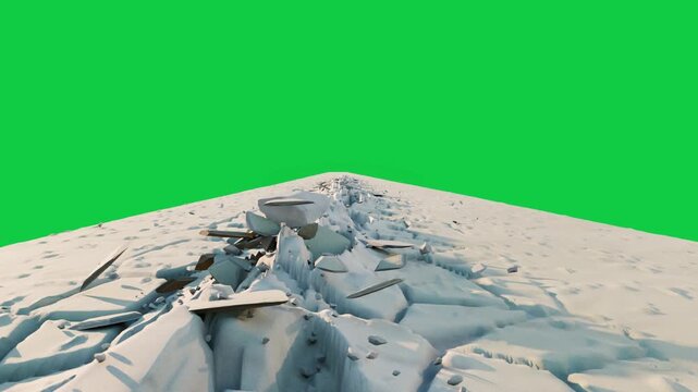 CGI terrain stretching, opening central fissure, splitting plates, bowl settling on transparent bg