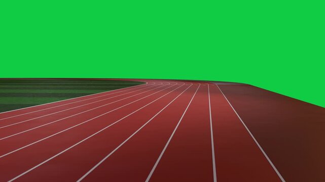 Camera dollying forward, red track showing blocks, hurdles, lane numbers on transparent background