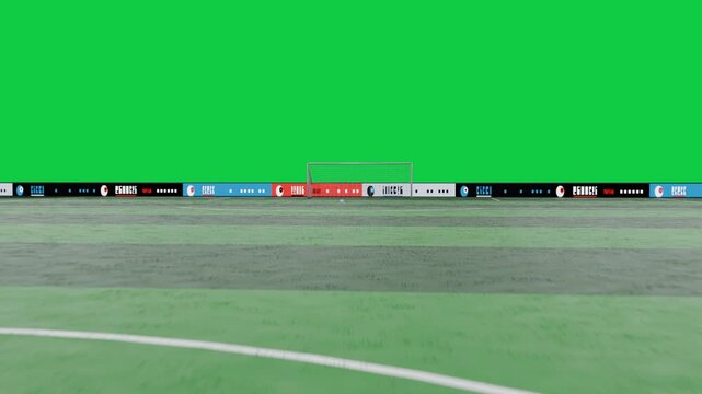 Camera starting low moving forward toward goal ball sitting showing goal and ads on transparent bg