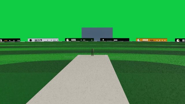 Camera starting far back, zooming forward, emphasizing wicket and stumps, background transparent