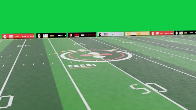 Low camera moving, rising, rotating, centering midfield logo and 50 on transparent background
