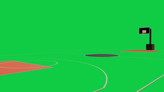 Camera push moving 3D court forward, keys receding, center circle growing for focus, transparent bg