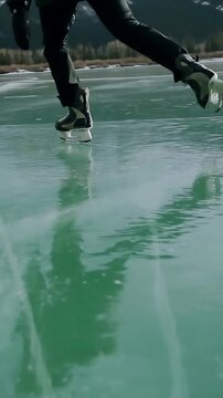 Vertical video: Pushing off skater gliding on green ice with hockey skates, doing hops for fitness
