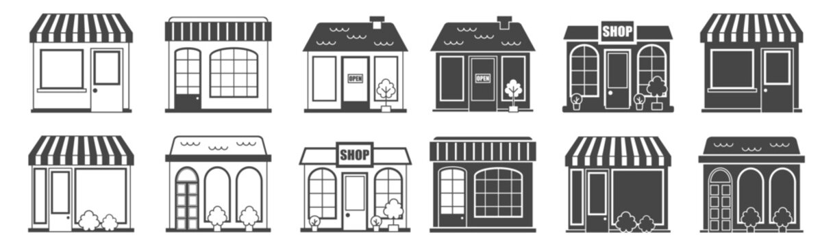 Shop building element with store facade and retail frontage on transparent background